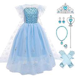 Schneekönigin Eiskönigin Prinzessin ELSA Kostüme für Mädchen Kinder Tüll Kleid mit Umhang Zubehör Eisprinzessin Verkleidung Halloween Cosplay Karneval Ankleiden Fasching Kleidung 01-Blau 6-7 Jahre von IBTOM CASTLE