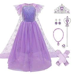 Schneekönigin Eiskönigin Prinzessin ELSA Kostüme für Mädchen Kinder Tüll Kleid mit Umhang Zubehör Eisprinzessin Verkleidung Party Halloween Cosplay Karneval Weihnachten Geburtstag 01-Violett 4-5 Jahre von IBTOM CASTLE