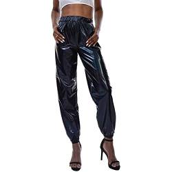 Sexy Damen Glänzend Wetlook Metallic Leggins Hohe Taille Hüfthoch Strumpfhose Hose Cargohose Hologramm Hip Hop Tanzhose Casual Streethose Disco Hosen Festlich Abend Schwarz M von IBTOM CASTLE