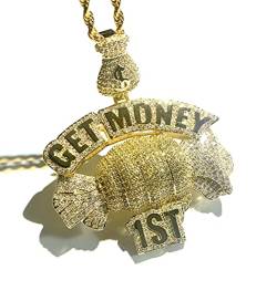 ICEDIAMOND 14K Creative Get Money First Inspiring Necklace, Iced Out Bright CZ Diamond Big Pendant with 24'' Rope Chain, Gold Plated Hip Hop Jewelry for Men von ICEDIAMOND