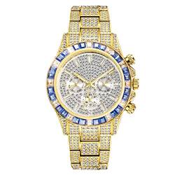 ICEDIAMOND 3-Augen-Armbanduhr mit kubischem Labordiamant, Quarz, Kalender und Zeitzonenanzeige, Zifferblatt, Uhr für Herren und Damen (Blue-G) von ICEDIAMOND