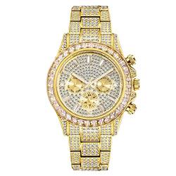 ICEDIAMOND 3-Augen-Armbanduhr mit kubischem Labordiamant, Quarz, Kalender und Zeitzonenanzeige, Zifferblatt, Uhr für Herren und Damen (Gold) von ICEDIAMOND