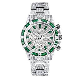 ICEDIAMOND 3-Augen-Armbanduhr mit kubischem Labordiamant, Quarz, Kalender und Zeitzonenanzeige, Zifferblatt, Uhr für Herren und Damen (Green-W) von ICEDIAMOND