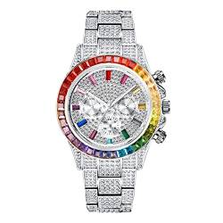 ICEDIAMOND 3-Augen-Armbanduhr mit kubischem Labordiamant, Quarz, Kalender und Zeitzonenanzeige, Zifferblatt, Uhr für Herren und Damen (Rainbow-W) von ICEDIAMOND