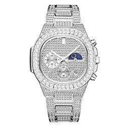 ICEDIAMOND 41mm Full CZ Diamond Moon Phase Square Dial Armbanduhr, vereistes Bling Zirkonia Modekalender Display Quarzuhr für Männer (White) von ICEDIAMOND