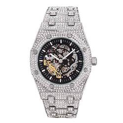 ICEDIAMOND 43MM Herren Full CZ Diamant Durchbrochene Handaufzug Automatik-Armbanduhr, Hip Hop vereiste Bling Zirkon Skelett Zifferblatt Luxusuhr (White) von ICEDIAMOND