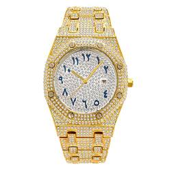 ICEDIAMOND CZ Diamant Charm Quarz Armbanduhr, vereist helle Zirkonsteine 43mm Kalender Zifferblatt Hip Hop Trend Schmuck Uhr für Männer (Gold) von ICEDIAMOND