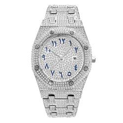 ICEDIAMOND Full CZ Diamond Charm Quarz Armbanduhr, Iced Out Helle Zirkone 43MM Kalender Zifferblatt, Hip Hop Trend Schmuck für Männer (White) von ICEDIAMOND