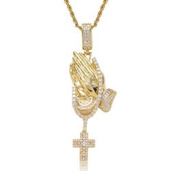 ICEDIAMOND Herren Bling CZ Diamant Gebetsseil Kreuz Anhänger Halskette, 14 Karat vergoldet Micro-Pave Zirkonia Hip Hop Modeschmuck (Gold) von ICEDIAMOND