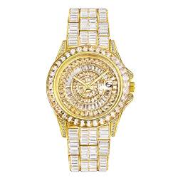 ICEDIAMOND Iced Out Luxus-Armbanduhr mit CZ-Diamanten im Vollbaguette-Stil, 42 mm Bling-Zirkonia-Kalender, rundes Zifferblatt, vergoldete Uhr für Herren (Gold) von ICEDIAMOND