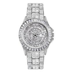 ICEDIAMOND Iced Out Luxus-Armbanduhr mit CZ-Diamanten im Vollbaguette-Stil, 42 mm Bling-Zirkonia-Kalender, rundes Zifferblatt, vergoldete Uhr für Herren (White) von ICEDIAMOND