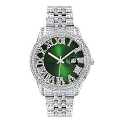 ICEDIAMOND Mode eisige rosa römische Zifferblatt-Armbanduhr, vereistes volles simuliertes Diamant-Wasserdicht-leuchtendes Paaruhr-Armband (White-Green) von ICEDIAMOND