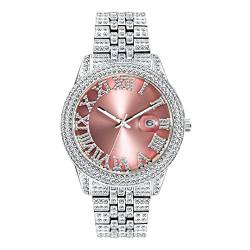 ICEDIAMOND Mode eisige rosa römische Zifferblatt-Armbanduhr, vereistes volles simuliertes Diamant-Wasserdicht-leuchtendes Paaruhr-Armband (White-Pink) von ICEDIAMOND