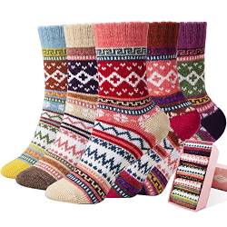 Damen Wollsocken 5 Paar warme Wolle Baumwolle Socken dick gestrickt Vintage Casual Winter Socken, Mehrfarbig - fs-1, Large von ICEIVY