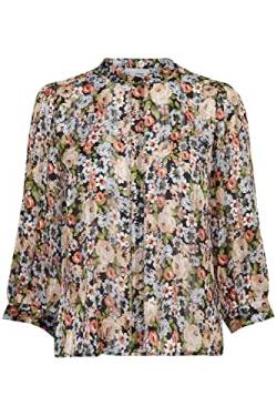 ICHI IHIXROSIE MS Damen Lange Bluse Langarm Blusenoberteil mit Blumenmuster gecroppte Ärmel mit Ärmelschlitz und Knopf Regular Fit, Größe:L, Farbe:Black Flower Mix (201199) von ICHI