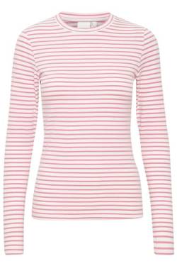 ICHI IHMIRA LS Damen Longsleeve Shirt 97% Baumwolle, 3% Elasthan figurumspielend, Größe:L, Farbe:Cloud Dancer w. Pink Stripe (203117) von ICHI