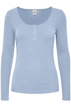 ICHI IHSUPER LS Damen Longsleeve Langarmshirt Shirt Basic Rippshirt mit Langem Ärmeln und geknöpftem Ausschnitt Figurbetontes Regular Fit, Größe:L, Farbe:Forever Blue (164019) von ICHI