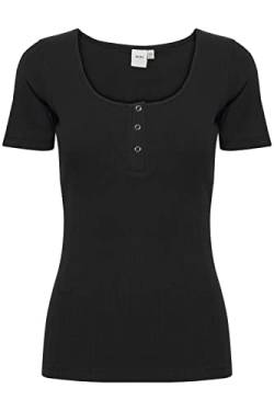 ICHI IHSUPER SS2 Damen T-Shirt Kurzarm Shirt Rippshirt mit kurzer Knopfleiste Slim Fit, Größe:XL, Farbe:Black (194008) von ICHI