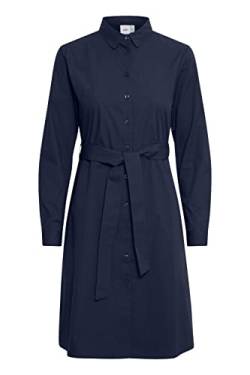 ICHI IXSARAH DR Damen Freizeitkleid Kleid mit Hemdblusenkragen Langarm in A-Linie unifarben aus 100% Baumwolle, Größe:XXL, Farbe:Navy (14400) von ICHI