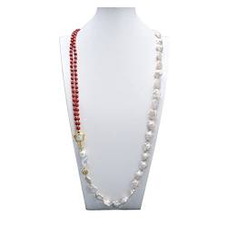ICXLPMC Mode-Accessoires Schmuck natürliche weiße Blume Perle rote Koralle Pave barocke Perle Pullover Kette lange Halskette handgefertigt for Frauen erfüllen von ICXLPMC
