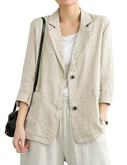 IDEALSANXUN Baumwoll-Leinen-Blazer für Damen, langärmelig, locker, lässiger Blazer, Beige, M von IDEALSANXUN