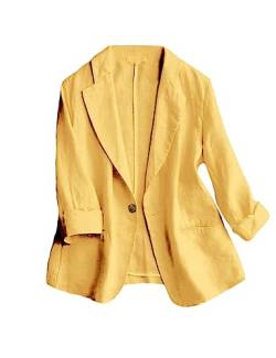 IDEALSANXUN Baumwolle Leinen Blazer Frauen 3/4 Ärmel Leichte Blazer Business Casual Anzug Jacken, gelb, M von IDEALSANXUN
