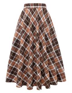 IDEALSANXUN Damen Plaid Rock Elastische Taille A-Linie Midi Faltenröcke, Braun, X-Groß von IDEALSANXUN