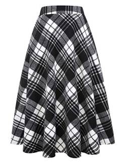 IDEALSANXUN Damen Plaid Wolle Röcke Elastische Taille A-Linie Plissee Tartan Lange Röcke, I2 Schwarz & Weiß, X-Klein von IDEALSANXUN