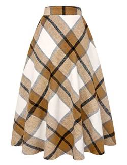 IDEALSANXUN Damen Plaid Wolle Röcke Elastische Taille A-Linie Plissee Tartan Lange Röcke, Khaki, 3X-Groß von IDEALSANXUN