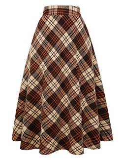 IDEALSANXUN Damen-Röcke aus Wolle, kariert, elastische Taille, A-Linie, plissiert, Tartan, langer Rock, Braun / Orange, Groß von IDEALSANXUN