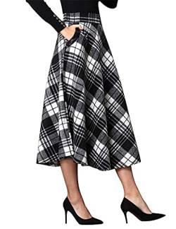 IDEALSANXUN Damen s hohe elastische Taillen-Maxi-Rock-A-Linie Plaid Winter warme Flare langer Rock Klein Wadenschwarzweiß von IDEALSANXUN