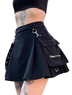 IDEALSANXUN Gothic Plaid Minirock für Damen, kurze Hohe Taille, karierter Rock, Cargo Black, X-Klein von IDEALSANXUN