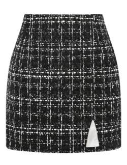 Plaid Mini Röcke für Damen Hohe Taille Herbst Winter Wolle Bodycon Bleistiftröcke mit Schlitz, Tweed Schwarz, XX-Large von IDEALSANXUN