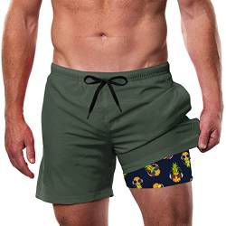 IDGREATIM Badehose Herren Badeshorts Männer Badehose Herren Kurz Sommer Strand Shorts Badehose mit Kompression Ananas Druck Dunkelgrün XL von IDGREATIM