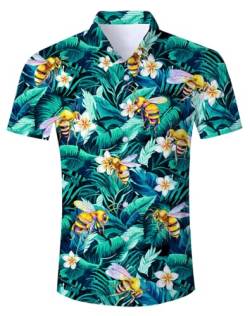 IDGREATIM Hawaiihemd Herren 3D Biene Funky Shirt Hemd Herren Kurzarm Button Down Freizeithemden Hawaii Hemd Männer XXL von IDGREATIM