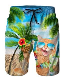 IDGREATIM Herren Bademode 3D Kokosnussbaum Katze Grafik Badehose Hawaiian Style Herren Strand Shorts Laufende Schwimmen Beiläufige Kurze Grün XXL von IDGREATIM