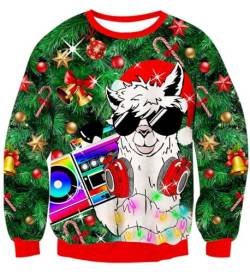 IDGREATIM Herren Christmas Sweater Alpaka Print Sweatshirts Pullover Langarm Hässliche Weihnachten Pullover Grün XL von IDGREATIM