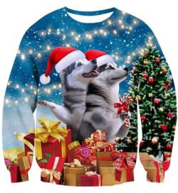 IDGREATIM Herren Christmas Sweater Hund Print Sweatshirts Pullover Langarm Hässliche Weihnachten Pullover Blau XL von IDGREATIM