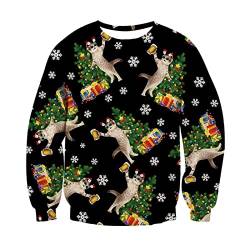 IDGREATIM Herren Christmas Sweater Katze Bier Print Sweatshirts Pullover Langarm Hässliche Weihnachten Pullover Schwarz XL von IDGREATIM