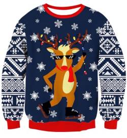 IDGREATIM Herren Christmas Sweater Lustige 3D Rentier Printed Crewneck Langarm Hässliche Damen Pullover Sweatshirt für Weihnachten Dunkelblau L von IDGREATIM