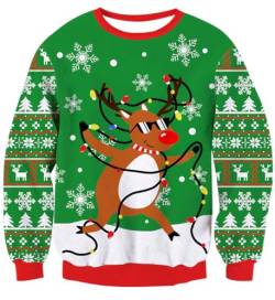 IDGREATIM Herren Christmas Sweater Lustige 3D Rentier Printed Crewneck Langarm Hässliche Damen Pullover Sweatshirt für Weihnachten Grün XL von IDGREATIM