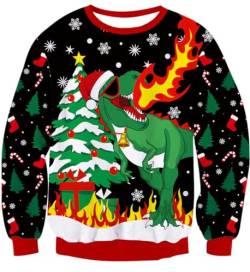 IDGREATIM Herren Damen Hässliche Weihnachts Pullover Langarm Dinosaurier Printed Pullover Strickpullover Schwarz M von IDGREATIM