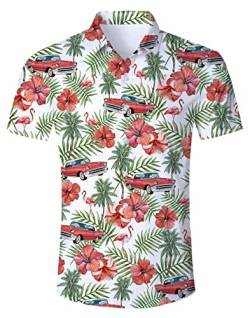 IDGREATIM Herren Hawaiihemd 3D Blumen Printed Flamingo THemden Shirt Männer Coole Grafik Hemden Shirts Weiß L von IDGREATIM
