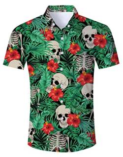 IDGREATIM Herren Hemd 3D Blumen Schädel Printed Hawaiihemd Kurzarm Hemden Shirt Cooles Grafik T Hemden Shirt Grün XXL von IDGREATIM