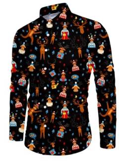 IDGREATIM Herren Weihnachten Gedruckt Bunte Shirts lustige Tiermuster Langarm Knöpfe Vintage Elch Jahre Männer Blusen Schwarz XL von IDGREATIM