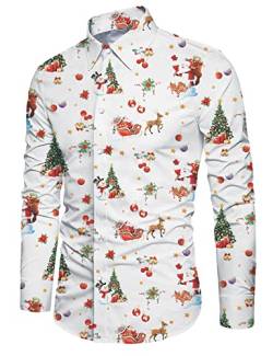 IDGREATIM Herren Weihnachten Shirt Weihnachtsmann Print Blusen Langarm Button Down Funny Personalisierte Casual Herren Shirt Tops Weiß M von IDGREATIM
