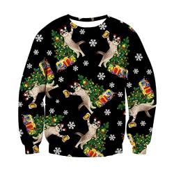 IDGREATIM Herren Weihnachtspullover Katze Bier Schneeflocke Print Rundhalsausschnitt Pullover Sweatshirts Langarm Pullover Schwarz XXL von IDGREATIM