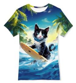 IDGREATIM Jugend T Shirt Jungen Rundhals T Shirt 3D Katze Muster Kinder Kurzarm Sommer T Shirts Blau M von IDGREATIM