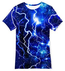 IDGREATIM Jugend T Shirt Jungen Rundhals T Shirt Galaxis Blitz Druck 3D Schuljungenmädchen Sommer T Shirts Blau M von IDGREATIM