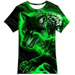 IDGREATIM Kinder Jungen T-Shirt Kurzhülse T-Shirt grüner Wolf 3D Grafik Kind Shirts Sommer Faschingskostüm, Fasching 6-8Y von IDGREATIM